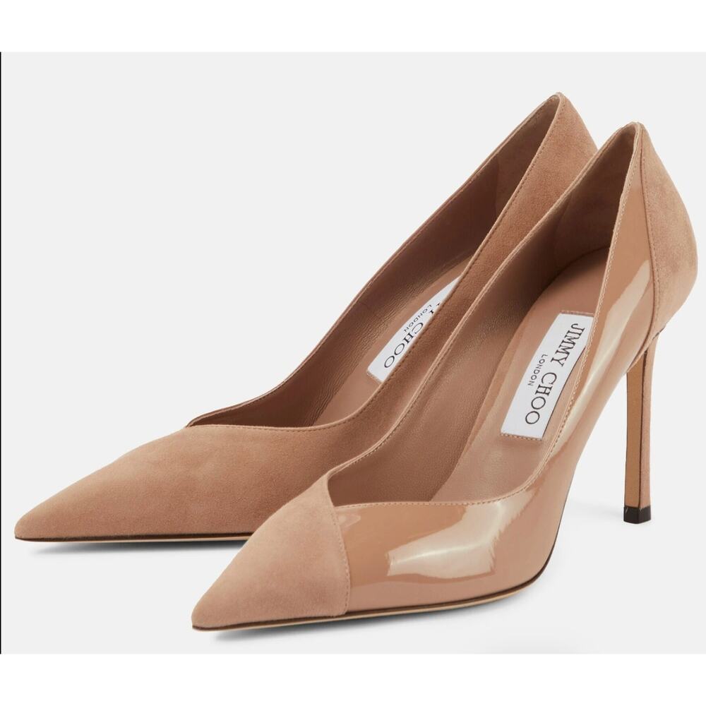 Jimmy Choo Cass 95 Suede & Patent Leather Pumps Nude Beige Size 42